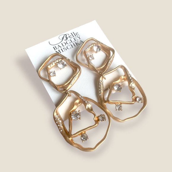 NEW Badgley Mischka Gold Double Hoop Statement Earrings Abstract Geo 90s Jewelry - Picture 1 of 8